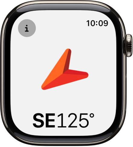 The Compass app showing a large arrow pointing in the direction of the heading that appears below. The Info button is at the top left.