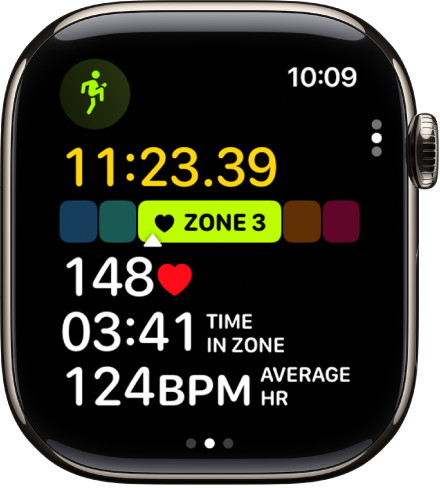 A workout in progress showing elapsed time, current heart rate, and average heart rate.