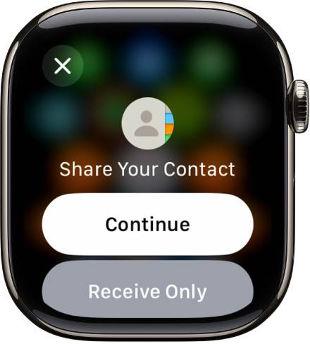 The NameDrop screen showing two buttons—Continue, which lets you receive a contact as well as share your own, and Receive Only, for just receiving another person’s contact information.