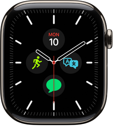 The Meridian watch face, where you can adjust the face color and details of the dial. It shows four complications inside an analog clock face: Date at the top, Translate at the right, Messages at the bottom, and Workout on the left.