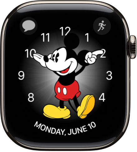 The Mickey Mouse watch face where you can add many complications. It shows three complications: Messages at the top left, Workout at the top right, and the date at the bottom.