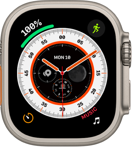 The Wayfinder watch face showing an analog clock, with the Battery complication at the top left, Workout at the top right, Timers at the bottom left, and Music at the bottom right. There are four complications near the middle of the watch face—Date at the top, Earth at the right, Compass at the bottom, and Compass Waypoints at the left.