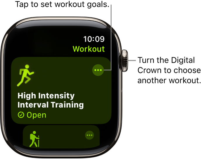 The Workout screen with the High Intensity Interval Training workout highlighted. A More button is at the top right of the workout tile.