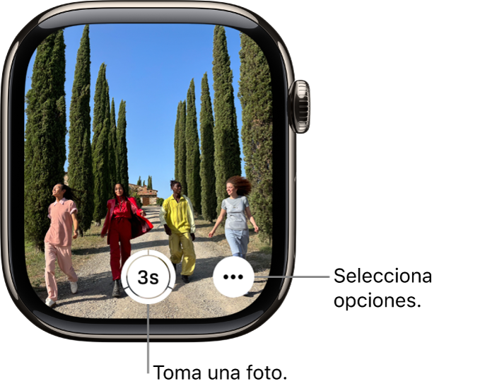 La pantalla del Apple Watch mostrando lo que se ve en el visor de la cámara del iPhone. El botón del obturador está en el área inferior central. El botón Más opciones está en la esquina inferior derecha.