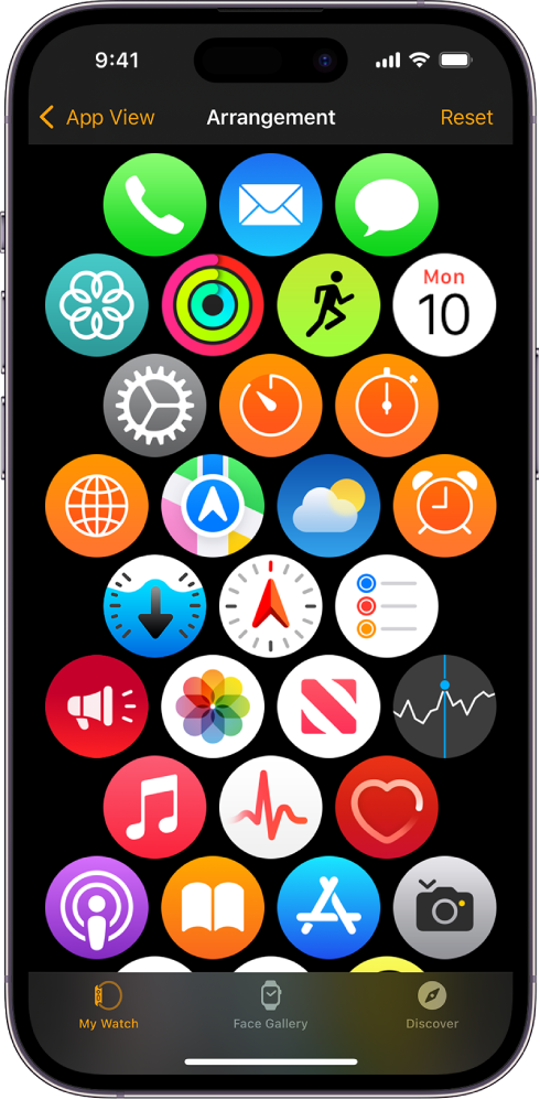 La pantalla Alineación en la app Apple Watch mostrando una cuadrícula de íconos.