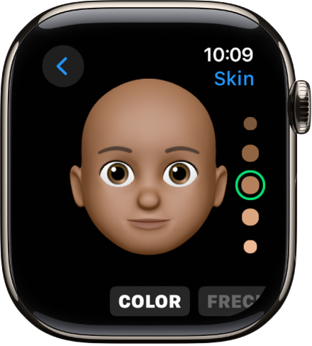 La app Memoji del Apple Watch mostrando la pantalla de edición de nariz. Se muestra un acercamiento de la cara, enfocándose en la nariz. La palabra Color se muestra en la parte inferior.