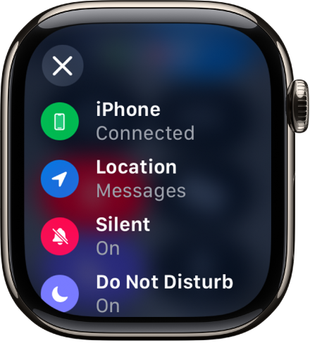 Los detalles de estado muestran el iPhone conectado, la app Mensajes usando Localización y los modos Silencio y No molestar activados.