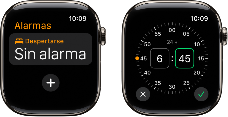 Dos pantallas del reloj en las que se muestra el proceso para añadir una alarma: Toca “Añadir alarma”, gira la corona Digital Crown para ajustar la hora y, a continuación, toca el botón de verificación.