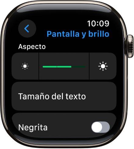 Los ajustes “Pantalla y brillo” del Apple Watch, con el regulador de brillo arriba y el botón “Tamaño del texto” abajo.