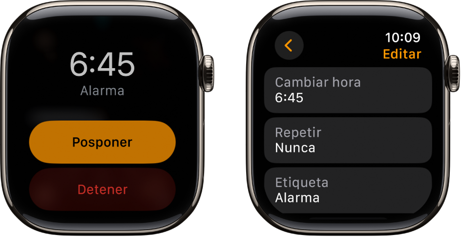 Dos pantallas del reloj: En una se muestran los botones Posponer y Detener, y en la otra se muestran los ajustes “Editar alarma”, con los botones “Cambiar hora”, Repetir y Etiqueta debajo. Abajo se muestra el interruptor Posponer.