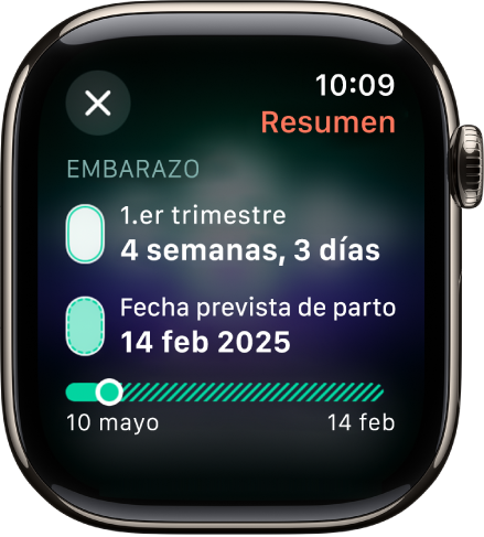 Una pantalla de la app Control del Ciclo que muestra el resumen de un embarazo registrado, con una edad gestacional y una fecha de salida de cuentas en el centro de la pantalla.