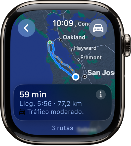 La app Mapas con un resumen de las indicaciones en coche. El primer tramo del viaje se muestra en la parte inferior.