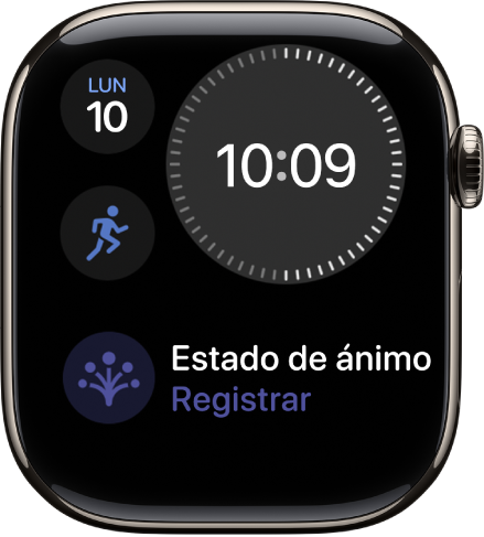 La esfera “Modular compacta”, con un reloj digital cerca de la parte superior derecha, el día y la fecha arriba a la izquierda y dos complicaciones: Entreno en el centro a la izquierda y “Estado de ánimo” abajo.