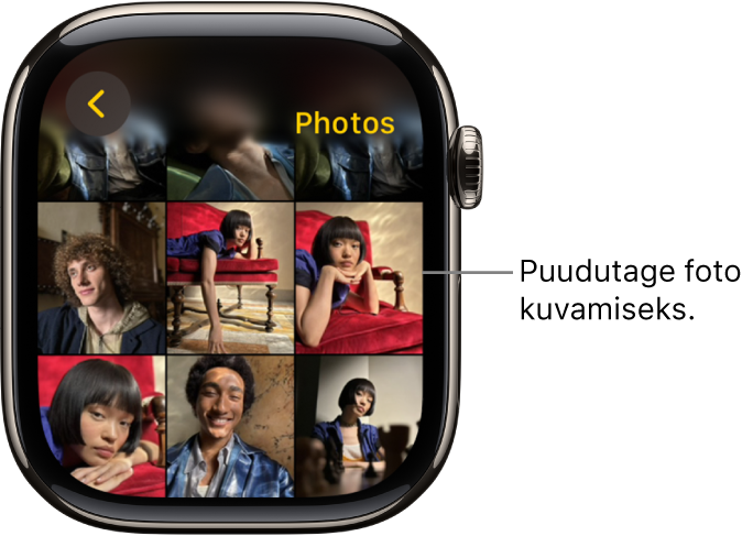 Apple Watchi rakenduse Photos põhikuva koos mitme võrgustikus kuvatava fotoga.