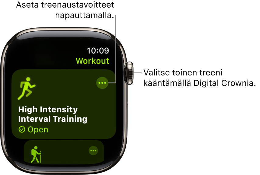 Treeni-näyttö, jossa HIIT-treeni (High Intensity Interval Training) korostettuna. Muut-painike on treenilaatassa ylhäällä oikealla.