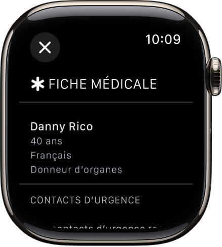 Écran Fiche médicale sur l’Apple Watch affichant le nom, l’âge, la langue, le statut de donneur d’organes et les contacts d’urgence de la personne.