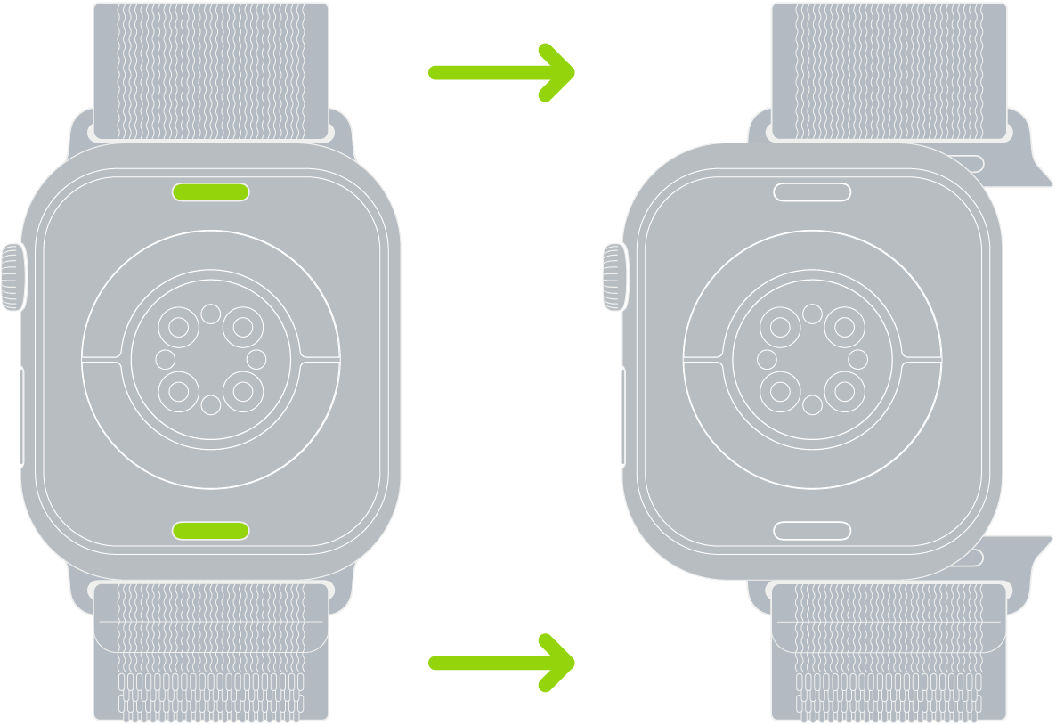 Deux images de l’Apple Watch. L’image de gauche présente le bouton pour défaire le bracelet. L’image de droite présente un bracelet de montre partiellement inséré dans l’emplacement prévu à cet effet.