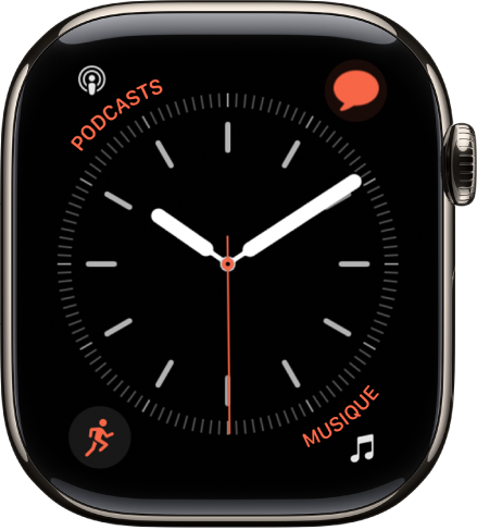 Cadran Simple, sur lequel vous pouvez ajuster la couleur de la trotteuse, la numérotation et les détails du cadran. Quatre complications sont affichées : Podcasts en haut à gauche, Messages en haut à droite, Exercice en bas à gauche et Musique en bas à droite.