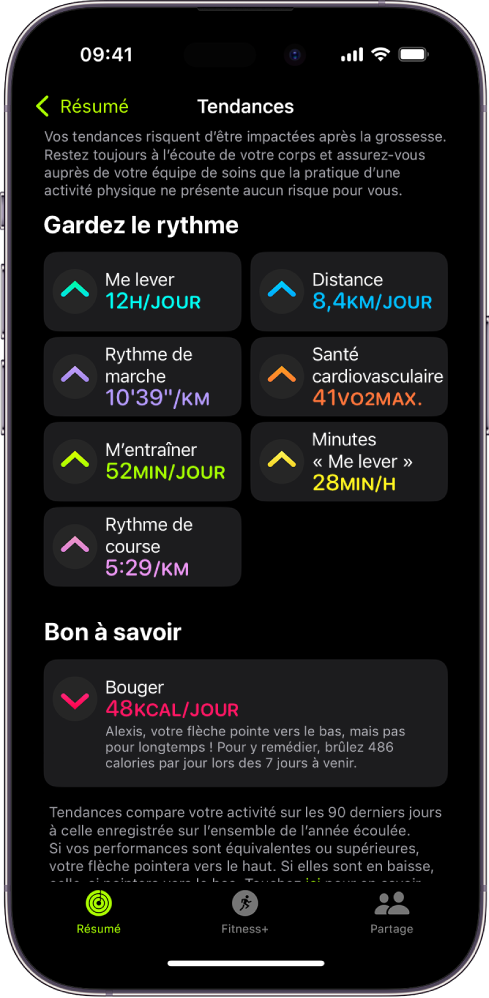 L’onglet Tendances de l’app Activité sur l’iPhone. Plusieurs indicateurs s’affichent sous l’en-tête Tendances vers le haut de l’écran. Ces indicateurs incluent « M’entraîner », « Me lever », Distance et plus encore. L’indicateur Bouger s’affiche sous l’en-tête Attention.