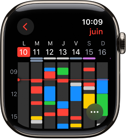 L’app Calendrier présentant des évènements pour la semaine. Chaque évènement présente un code de couleur correspondant au calendrier auquel il appartient. Le nom du mois se trouve en haut à droite et les jours et les dates sont répartis en haut de l’écran. Tous les évènements sur toute la journée présentent une barre sous la date du jour correspondant. Une ligne parcourant la semaine entière indique l’heure actuelle. Le bouton Plus se trouve en bas à droite.