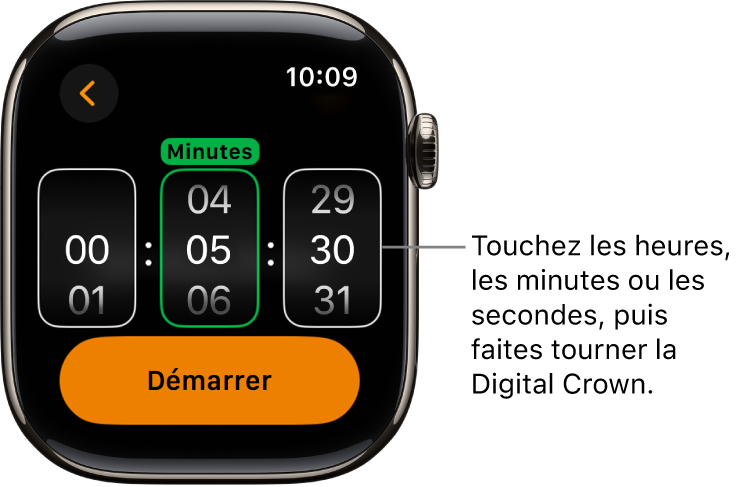 Réglages de création d’un minuteur personnalisé, avec les heures à gauche, les minutes au centre et les secondes à droite. Le bouton Démarrer se trouve en dessous.