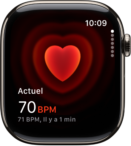 Écran Fréquence cardiaque, avec votre fréquence cardiaque actuelle affichée en bas à gauche et votre dernier relevé juste dessous en plus petit.