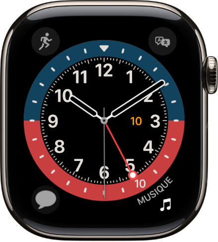 Cadran GMT, sur lequel vous pouvez ajuster la couleur. Il affiche quatre complications : Exercice en haut à gauche, Traduire en haut à droite, Messages en bas à gauche et Musique en bas à droite.
