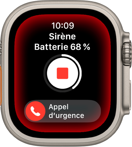 Compte à rebours de l’alarme. En haut figure la charge de la batterie, au milieu, un bouton Lecture et en bas, le curseur « Appel d’urgence ».
