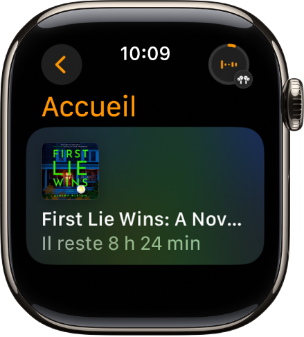 Écran Livres audio affichant le livre en cours de lecture, avec le titre et le temps restant. Le bouton Écouter se trouve en haut à droite.