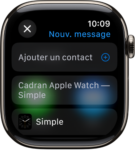 L’écran de l’Apple Watch affichant un message de partage de cadran avec le nom du destinataire en haut. En dessous se trouvent le bouton « Ajouter un contact » et le nom du cadran.