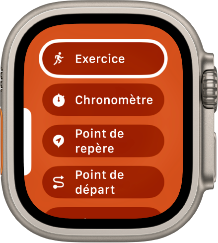 L’écran Permutation rapide affichant les actions pouvant être assignées au bouton Action, comme Exercice, Chronomètre et Point de repère.