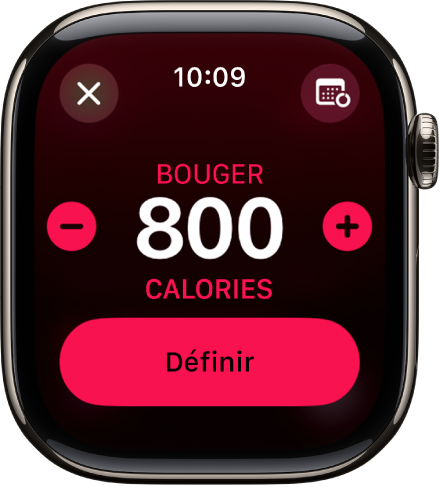 Écran Modifier les objectifs affichant les boutons pour augmenter ou réduire l’objectif Bouger.