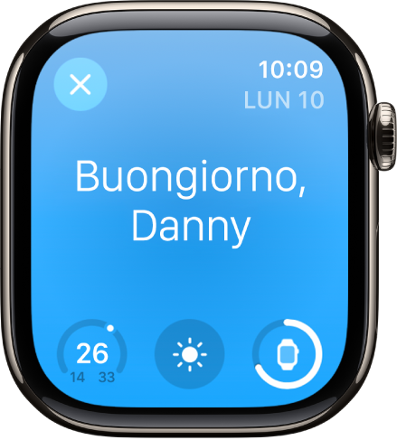 Apple Watch che mostra la schermata di risveglio. Viene mostrato il messaggio Buongiorno in alto. Sotto, sono visibili la temperatura, le condizioni meteo e il livello della batteria.