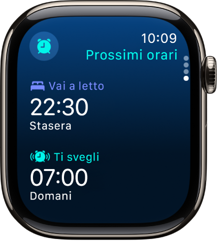 L’app Sonno su Apple Watch con gli orari prestabiliti per andare a letto. L’ora di coricarsi viene visualizzata in alto e l’orario della sveglia si trova al di sotto.