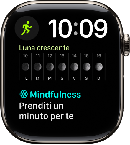 Il quadrante Modulare Duo con un orologio digitale in alto a destra e tre complicazioni: Allenamento, in alto a sinistra, “Fase lunare”, al centro, e Mindfulness, in basso.