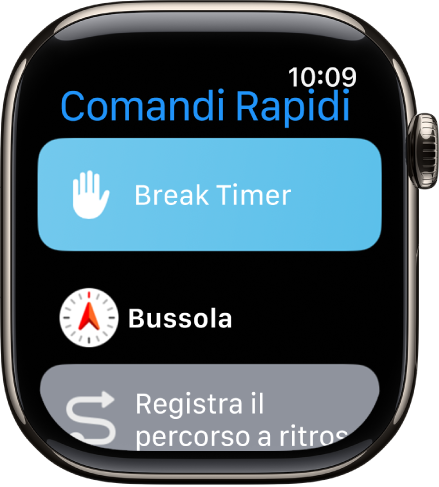 L’app Comandi Rapidi con tre comandi rapidi: un comando rapido per interrompere il timer, un comando rapido per Bussola e un comando rapido per “Torna sui tuoi passi”.