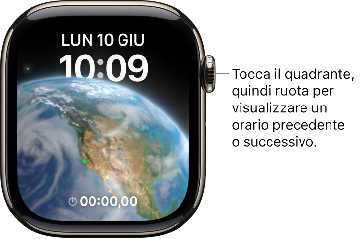 Il quadrante Astronomia con informazioni sul giorno, la data e l’ora attuale. In basso è presente la complicazione Timer. Tocca il quadrante, quindi ruota la Digital Crown per passare a un orario successivo o precedente.