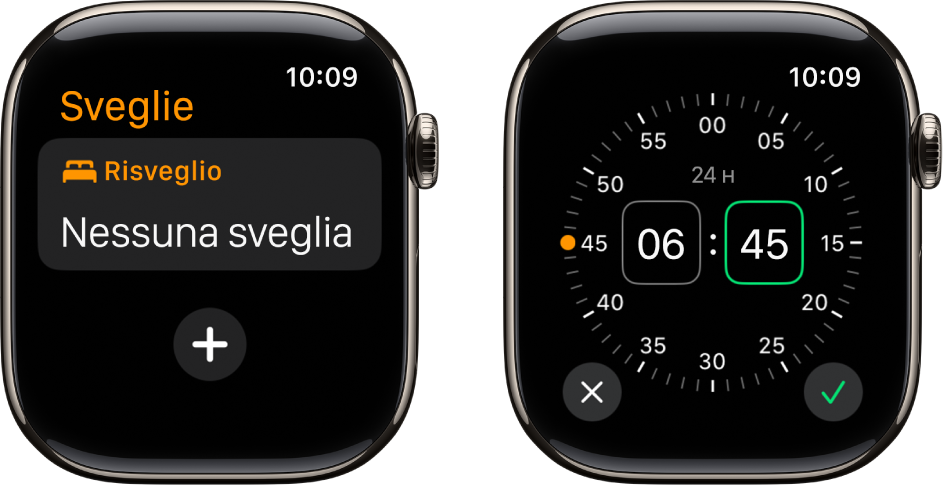 Due schermate dell’orologio che mostrano il processo di aggiunta di una sveglia: tocca “Aggiungi sveglia”, tocca AM o PM, gira la Digital Crown per regolare l’ora, quindi tocca il pulsante con il segno di spunta.