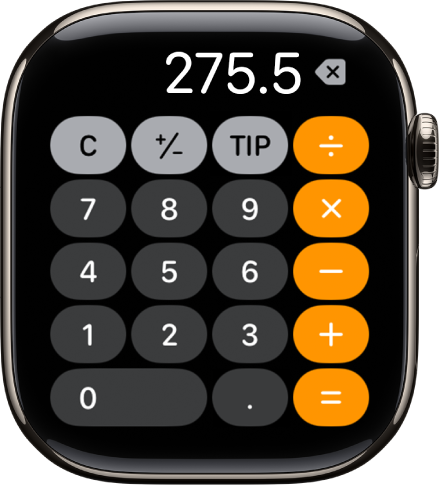 計算機アプリが表示されているApple Watch。画面には一般的なテンキーが表示されており、右側に計算用の機能があります。上部には「C」、「+/-」、「チップ」の各ボタンがあります。