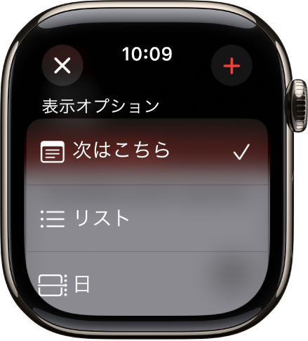 「カレンダー」画面。「次はこちら」、「リスト」、「日」オプションが表示されています。右上に「追加」ボタンがあります。