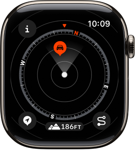 Programoje „Compass“ rodomas kelio taškas ratuke. Mygtukas „Info“ yra viršuje kairėje, mygtukas „Waypoints“ yra apačioje kairėje, mygtukas „Elevation“ yra viduryje apačioje, o mygtukas „Backtrack“ yra apačioje dešinėje.