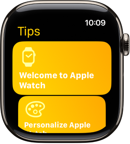 Programoje „Tips“ rodomi „Tips“ rinkiniai, pvz., „Welcome to „Apple Watch“.