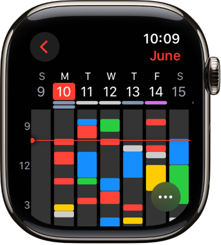 Lietotne Calendar ar nedēļas notikumiem. Katram notikumam ir sava krāsa, kas atbilst tā attiecīgajam kalendāram. Mēneša nosaukums atrodas augšējā kreisajā stūrī, bet dienas un datumi ir izkārtoti augšpusē. Visi dienas notikumi tiek apzīmēti ar joslu zem katras dienas datuma. Līnija pāri nedēļai apzīmē pašreizējo laiku. Apakšējā labajā stūrī atrodas poga More.