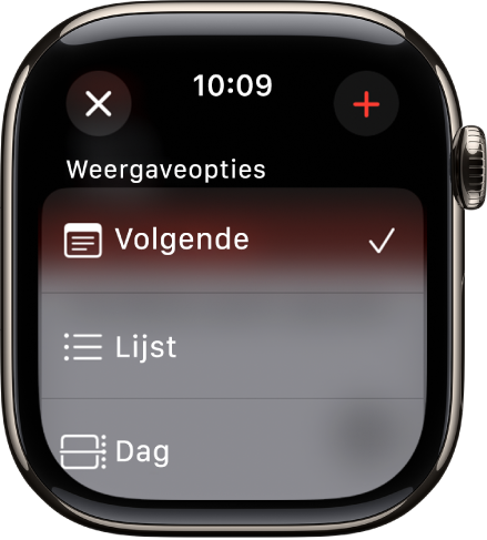 Een Agenda-scherm met weergaveopties: 'Volgende', 'Lijst' en 'Dag'. Rechtsbovenin bevindt zich de knop met het plusteken.