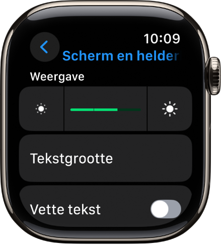 Het instellingenscherm 'Scherm en helderheid' op de Apple Watch, met bovenin de schuifknop 'Helderheid' en daaronder de knop 'Tekstgrootte'.