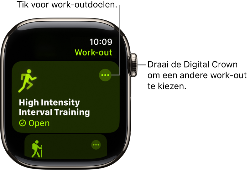 Het Work-out-scherm, met de High Intensity Interval Training-work‑out geselecteerd. Rechtsboven in de work-outtegel staat de knop 'Meer'.