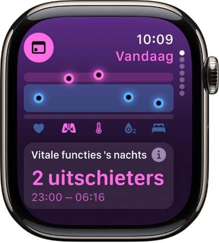 Een scherm met nachtmetingen in de app Vitale functies.