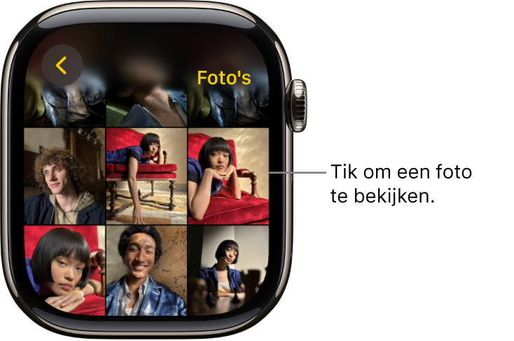 Het hoofdscherm van de Foto's-app op de Apple Watch, met verschillende foto's in een raster.