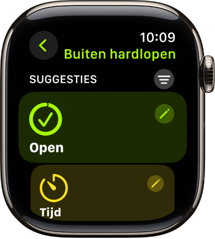 De Work-out-app, met een scherm voor het wijzigen van de work-out 'Buiten hardlopen'. De tegel 'Open' staat in het midden en de knop 'Wijzig' staat rechtsbovenin. Onderin is een deel van de tegel 'Tijd' te zien.