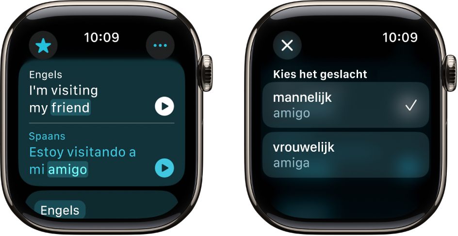 Twee schermen in de Vertaal-app: een scherm met bovenin Engelse tekst en onderin de Spaanse vertaling. Daarnaast een tweede scherm met de mannelijke en de vrouwelijke variant van een woord.